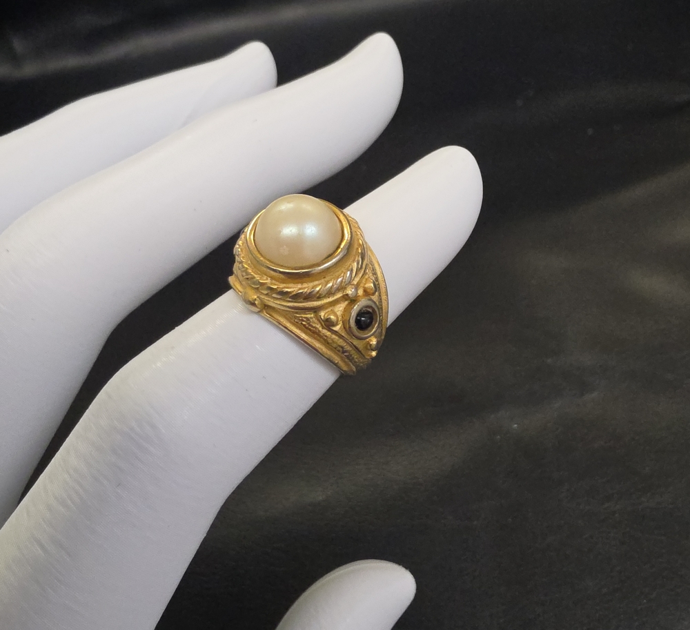 Gold Pearl Ring with Black Accent - Women Jewelry